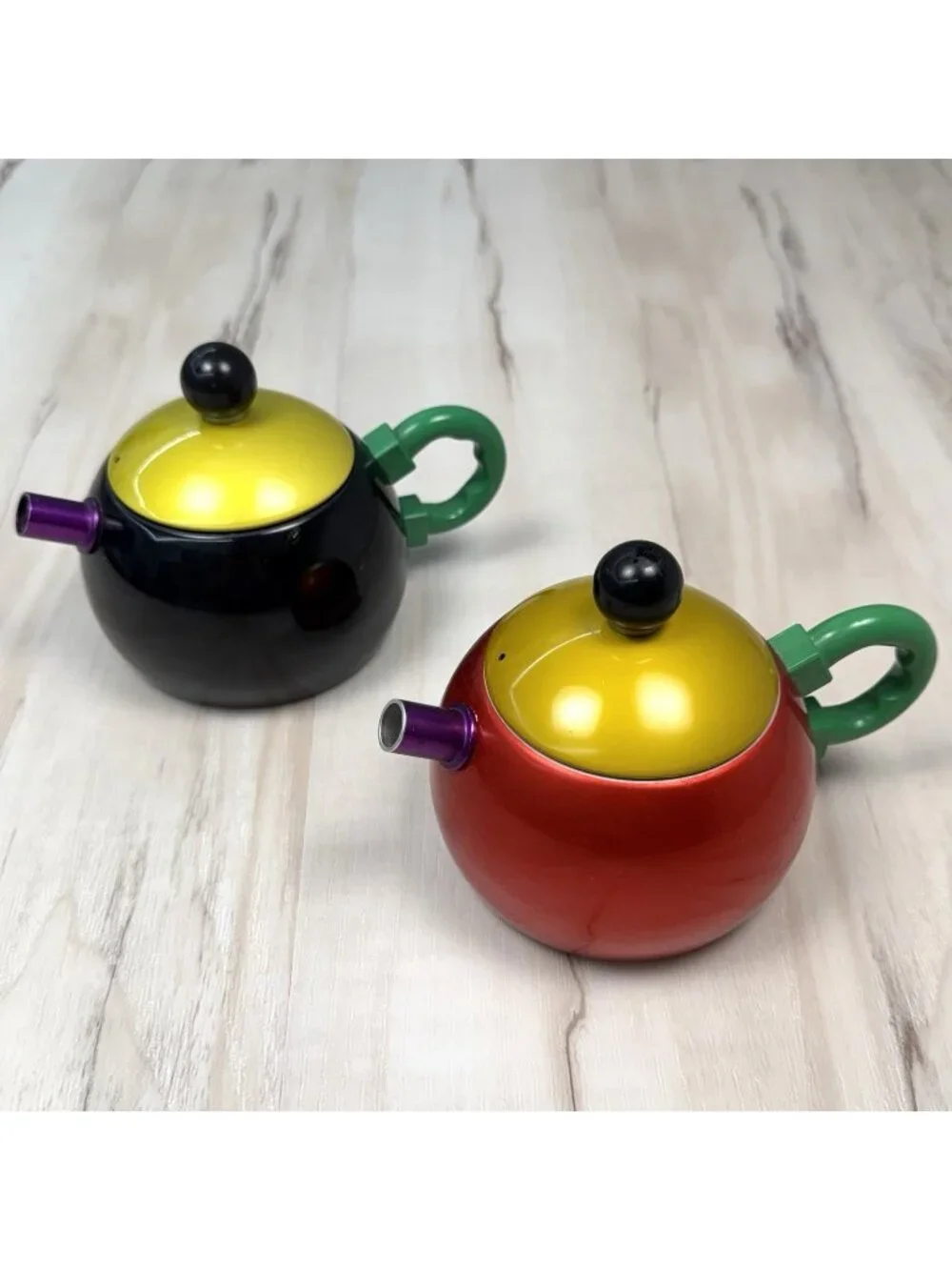 1980s COOK VESSEL Japan Memphis-Style Metal Creamer Pitcher Pair Colorblock